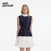 self 连衣裙 蓝撞白小香风缎面假两件无袖 portrait 2025早秋新款