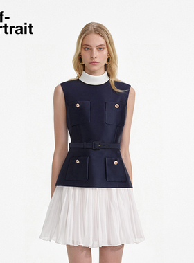 self-portrait 2025早秋新款蓝撞白小香风缎面假两件无袖连衣裙