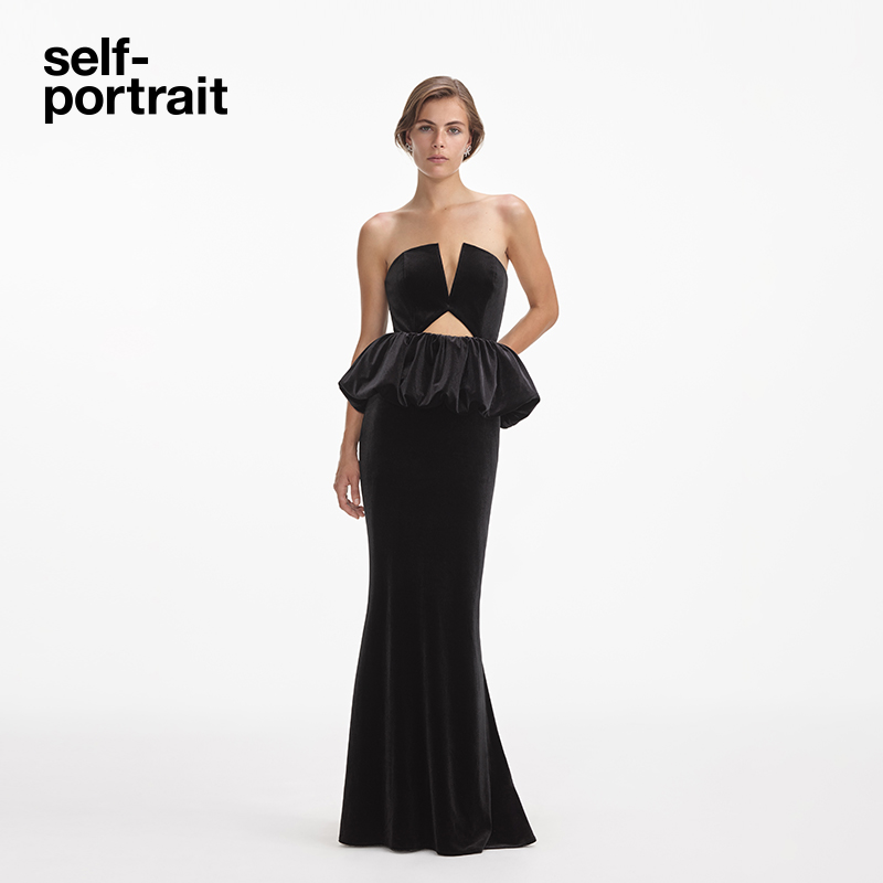 self-portrait镂空丝绒抹胸礼服