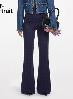 self-portrait 2025秋冬新款藏蓝色设计感镂空针织喇叭裤长裤