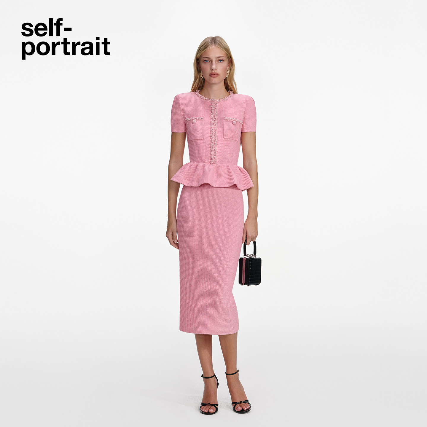 self-portrait华夫格针织连衣裙