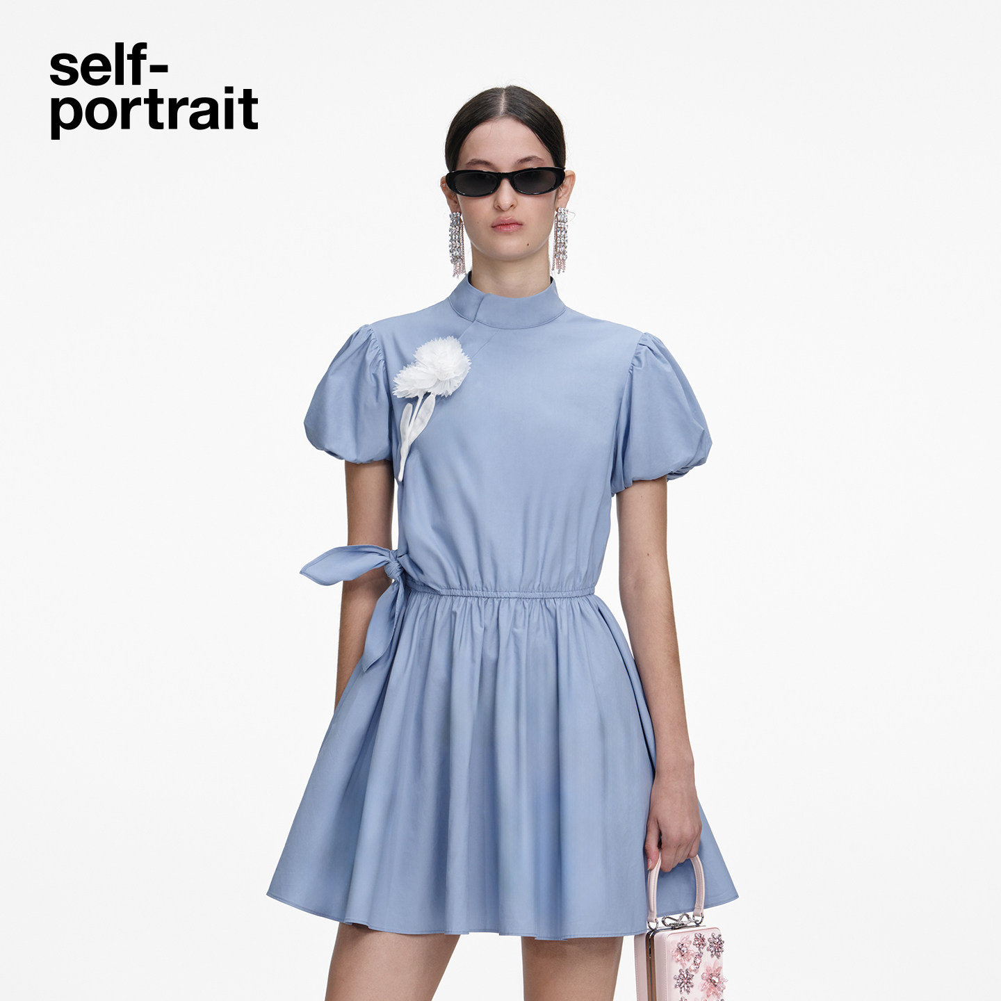 self-portrait 2026早春新款薄雾蓝新中式设计感棉质连衣裙短裙,女装/女士精品,连衣裙,淘宝优惠券,粉丝福利购,淘宝优惠卷