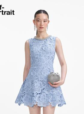 self-portrait 2025春夏新款薄雾蓝气质钻饰生日礼服蕾丝连衣裙
