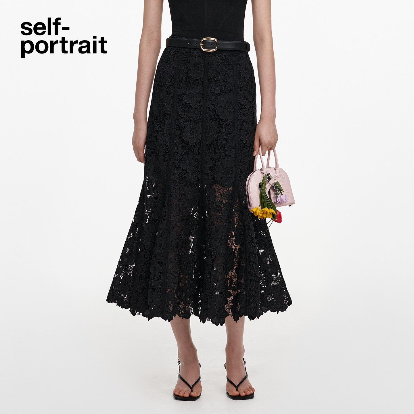 self-portrait 2026秋冬新款经典黑高腰蕾丝半身裙鱼尾裙