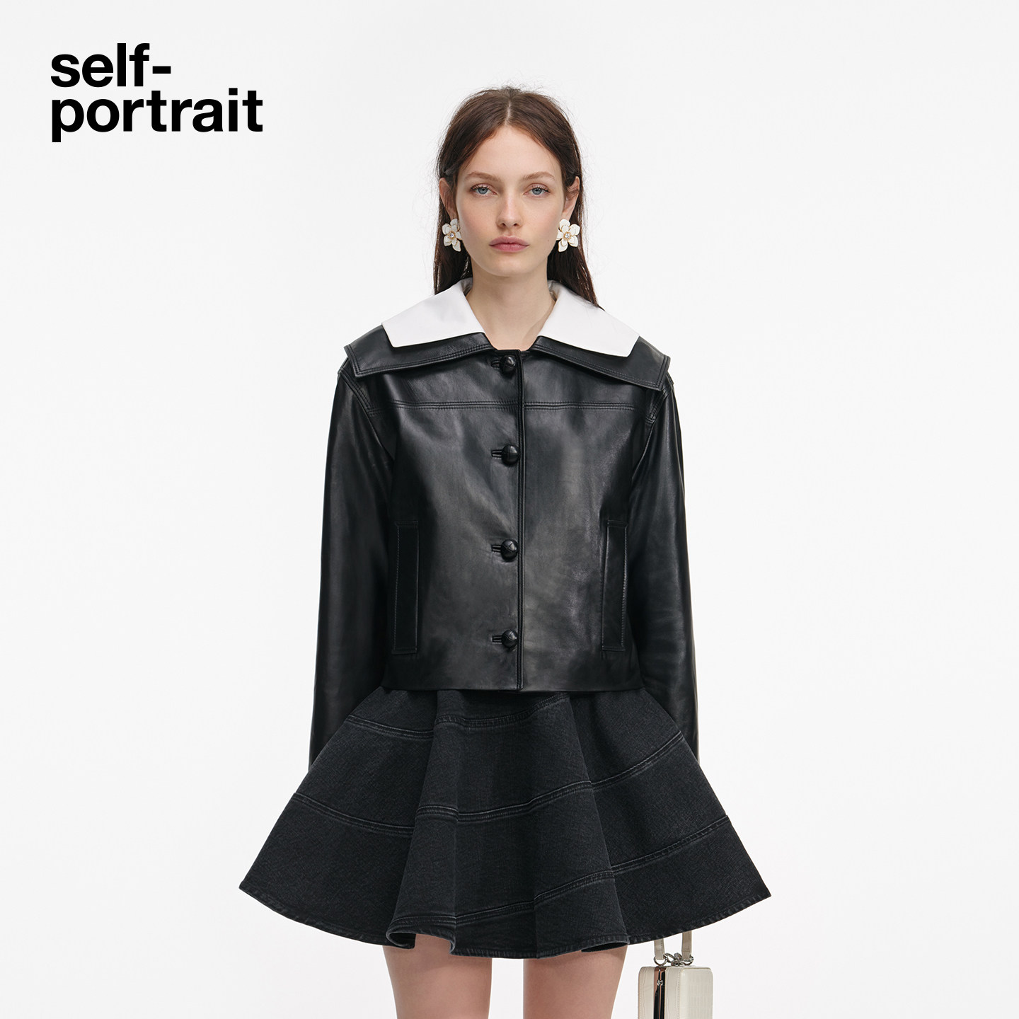 self-portrait 2026早春新款经典黑可拆卸翻领绵羊皮短款皮衣外套