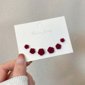 酒红植绒玫瑰花925银针耳钉套装 甜美气质新款 潮ins风耳环耳饰