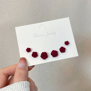 酒红植绒玫瑰花925银针耳钉套装 潮ins风耳环耳饰 甜美气质新款
