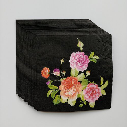 彩色花朵黑色印花派对纸巾 Floral Black Paper Napkins Party