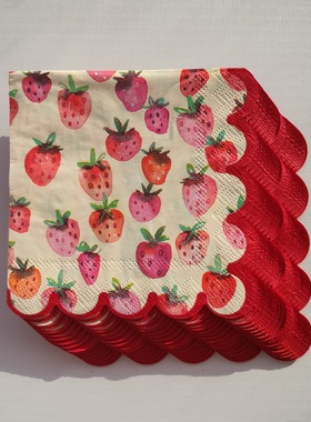 Red Scallop Strawberry Paper Napkins 25cm荷叶边草莓3层餐巾纸
