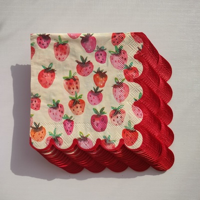 Red Scallop Strawberry Paper Napkins 25cm荷叶边草莓3层餐巾纸
