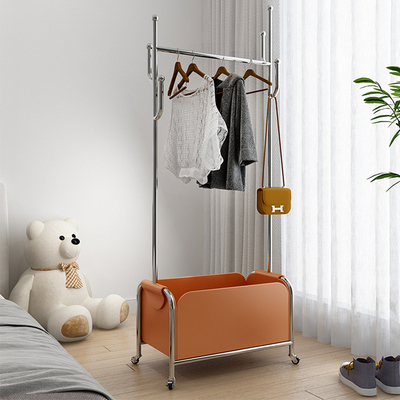 轻奢落地收纳衣架子卧室移动简约家用小户型ins不锈钢皮革衣帽架