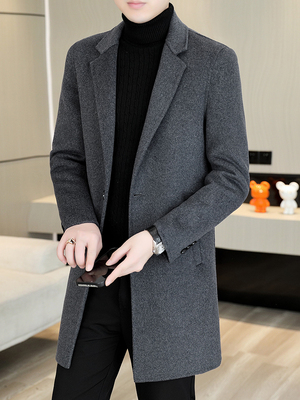 高端双面呢大衣男士中长款羽绒胆羊毛西服外套休闲羊绒毛呢子风衣