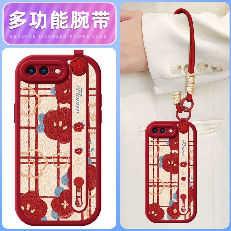 格线红花适用苹果11ProMax手机壳iphoneX套7/8plus新款x/xr腕带斜跨挂绳iphone11pro可背6splus女款xsmax