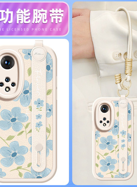 蓝色花瓣适用荣耀60手机壳华为50pro小羊皮v40轻奢版v30/v20荣耀30青春版20/20s腕带斜挎挂绳可背pro+女款