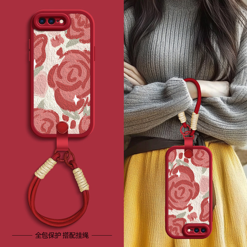 油画红花适用苹果11ProMax手机壳iphoneX套7/8plus新款x/xr秋冬新年挂绳iphone11pro可背6splus女款xsmax