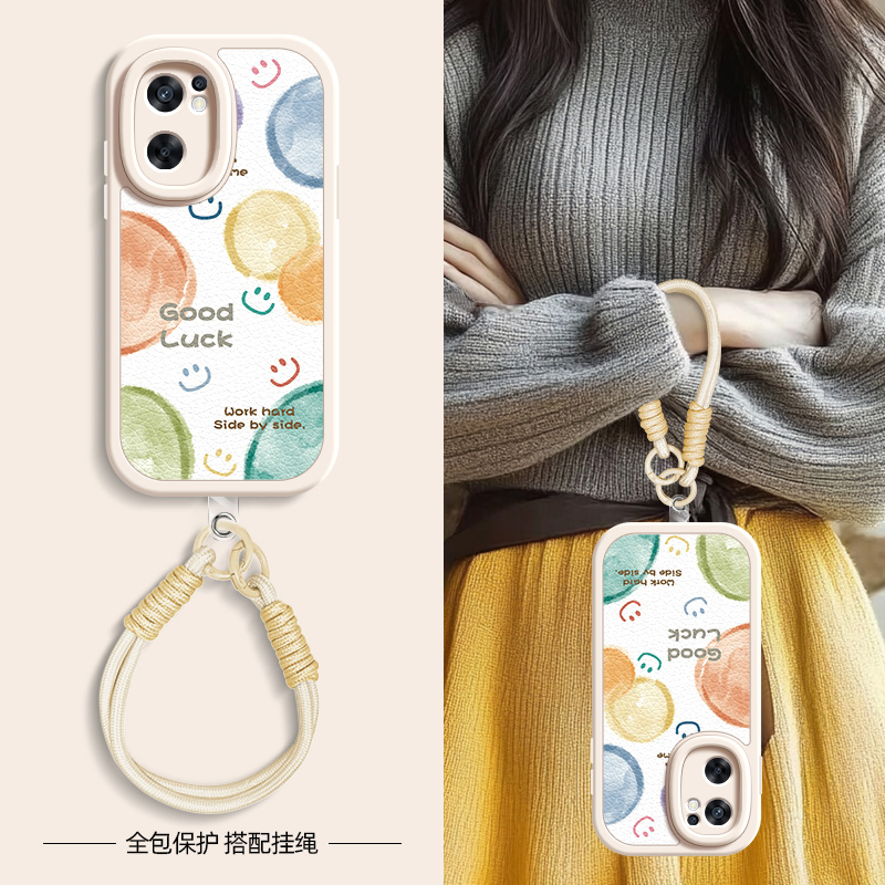 气泡笑脸适用opporeno7手机壳Reno6pro小羊皮reno5/4/3新款5K秋冬斜挎挂绳新年4se女款5G软壳oppo网红硅胶