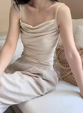 白色莫代尔带胸垫吊带女短款纯欲一字领褶皱荡领针织内搭背心上衣