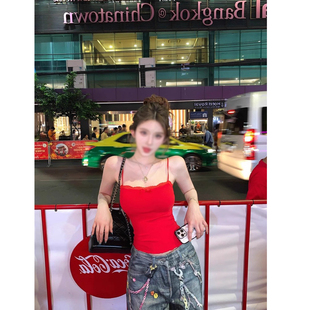 红色蕾丝边蝴蝶结吊带背心女夏修身 上衣外穿 纯欲性感辣妹短款 无袖