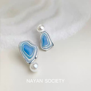 珍珠珐琅滴釉不对称925银针原创耳饰女 设计师款 盐湖系列