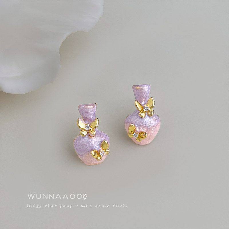 原创设计花瓶蝴蝶耳钉s925银针珐琅彩绘2026新款今年流行爆款耳饰