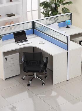 浅蓝色职员桌屏风卡位办公室4人办公桌L转角员工位卡座t形电脑桌