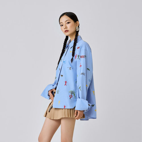ANGEL CHEN设计师品牌陈安琪 AW26 云南沧源崖画五彩刺绣条纹衬衫