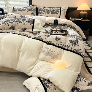 秋冬新款 复古风加绒加厚立体雕花牛奶绒四件套被套裸睡防静电床单