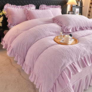 冬季 加厚公主风牛奶绒四件套床盖冬天加绒珊瑚绒夹棉床裙被套床品