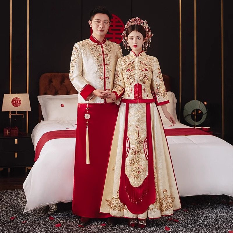 【出租】秀禾服新款男女结婚出阁礼服敬酒服金色龙凤褂香槟色婚服