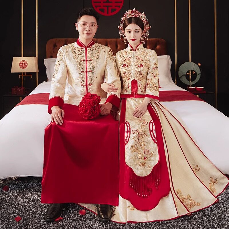 出租香槟金色新款中式婚纱礼服