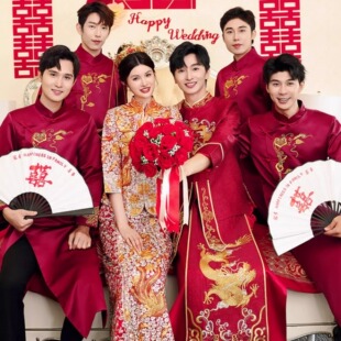 出租伴郎伴娘服中式新款旗袍接亲婚礼服大码相声伴郎兄弟姐妹团装