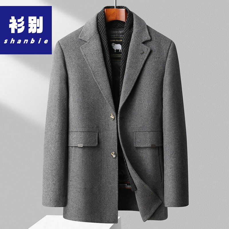 2025新款男士双面呢大衣中长款羊毛呢脱卸围巾领鹅绒内胆商务外套
