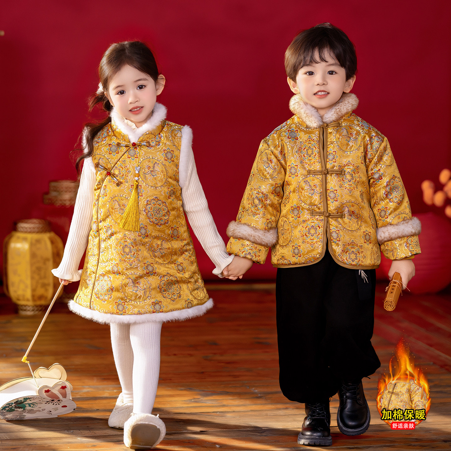 拜年服男童夹棉汉服冬季新中式女童唐装旗袍裙古装儿童加厚演出服,童装/婴儿装/亲子装,唐装,淘宝优惠券,粉丝福利购,淘宝优惠卷