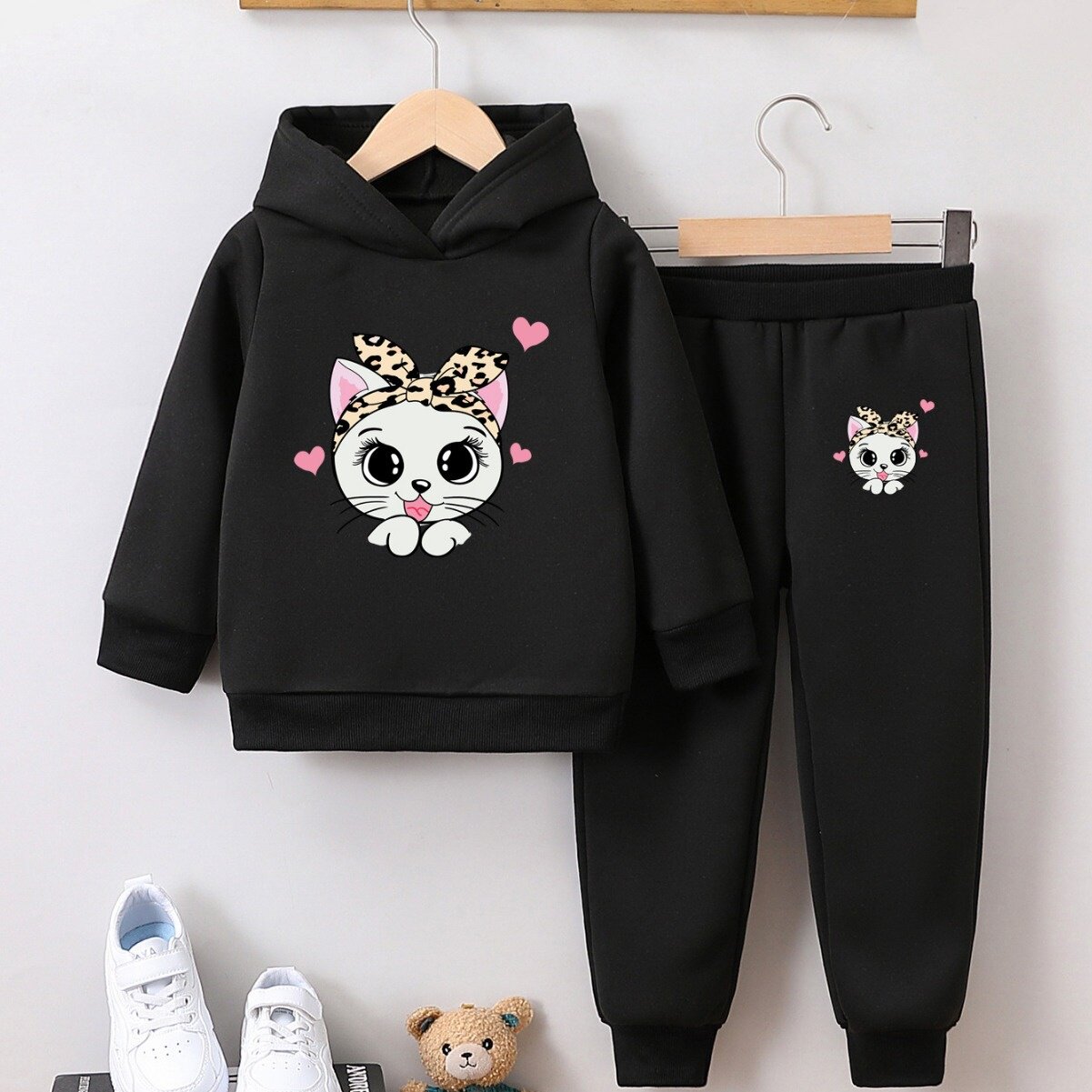女童时尚卫衣两件套小猫印花女孩秋冬加绒长裤套头衫套装