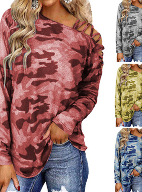 Women camouflage printed shoulder strap long sleeved T-shirt