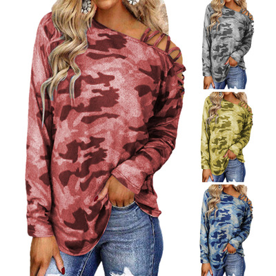 Women camouflage printed shoulder strap long sleeved T-shirt