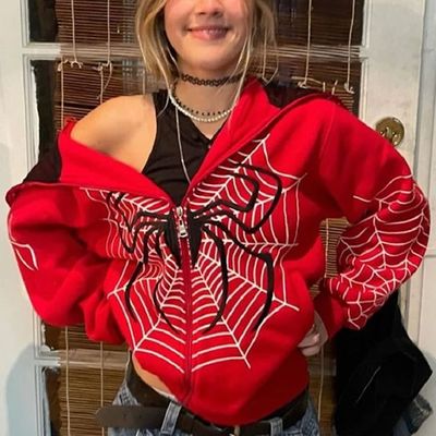 Women's Spider Web Printed Full Zipper Hoodie Hoodie连帽卫衣