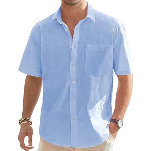 Men's cotton and linen short sleeved shirt男棉麻短袖纽扣衬衫