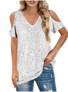 Women's comfortable loose V-neck sequined short sleeved top
