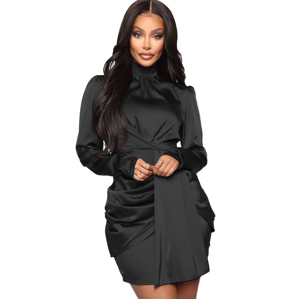 Women sexy long sleeved high necked satin dress女缎面连衣裙