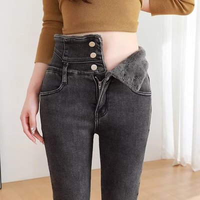 Women high waist, small feet, and plush tight jeans女牛仔裤