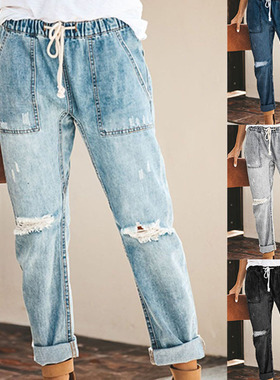 Women's straight leg oversized ripped jeans直筒大码女牛仔裤