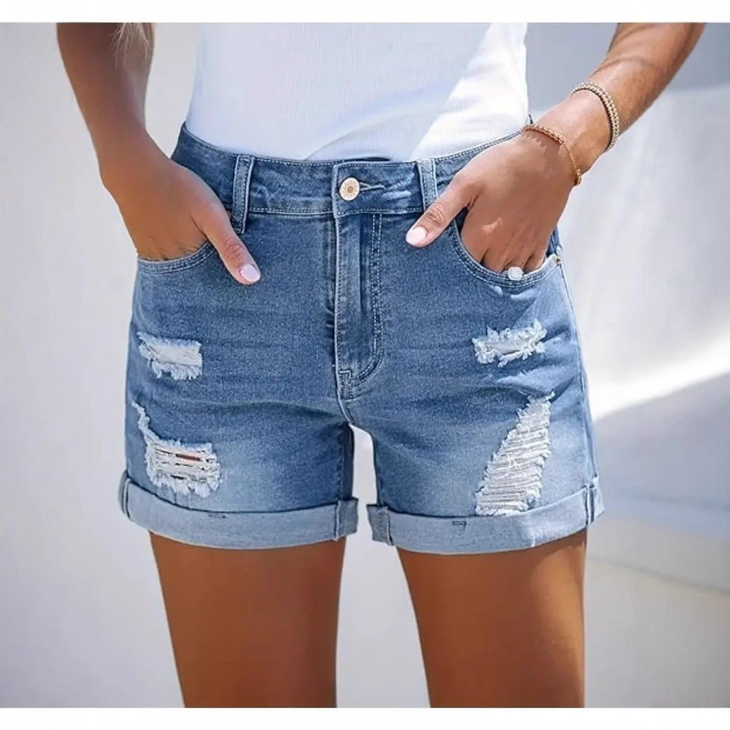 Women's denim shorts with holes牛仔短裤女破洞潮流休闲三分裤