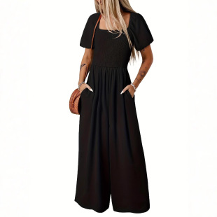 Strap Jumpsuit Ruched 2025 waist Solid High Casual Women