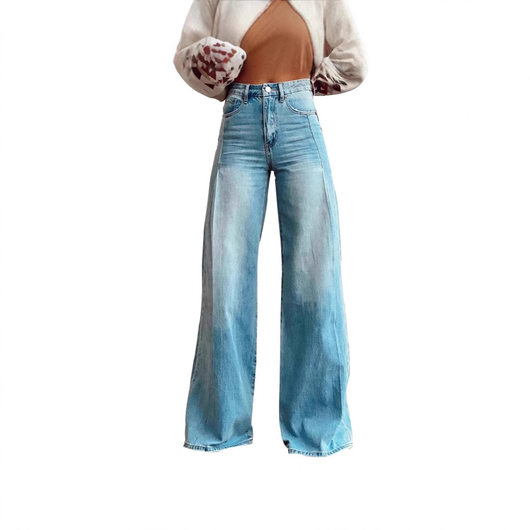 Wide leg fashionable high waisted women's jeans女士牛仔裤