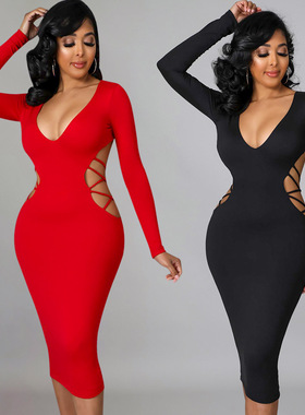 Women's backless hollow out dress女装紧身露背镂空V领连衣裙女