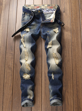 Men ripped slim fit jeans秋季破洞牛仔裤男修身直筒复古乞丐裤