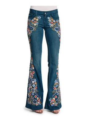 Women embroidered slim fit flared jeans女牛仔裤绣花修身喇叭