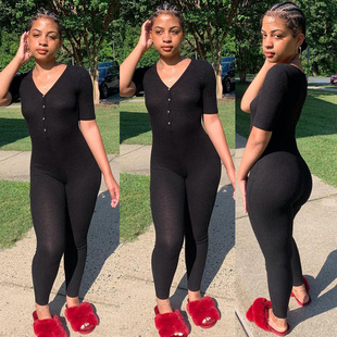 tight fitting pants jumpsuit threaded sexy neck Women