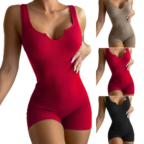Women ribbed small V-neck slim fit casual camisole jumpsuit